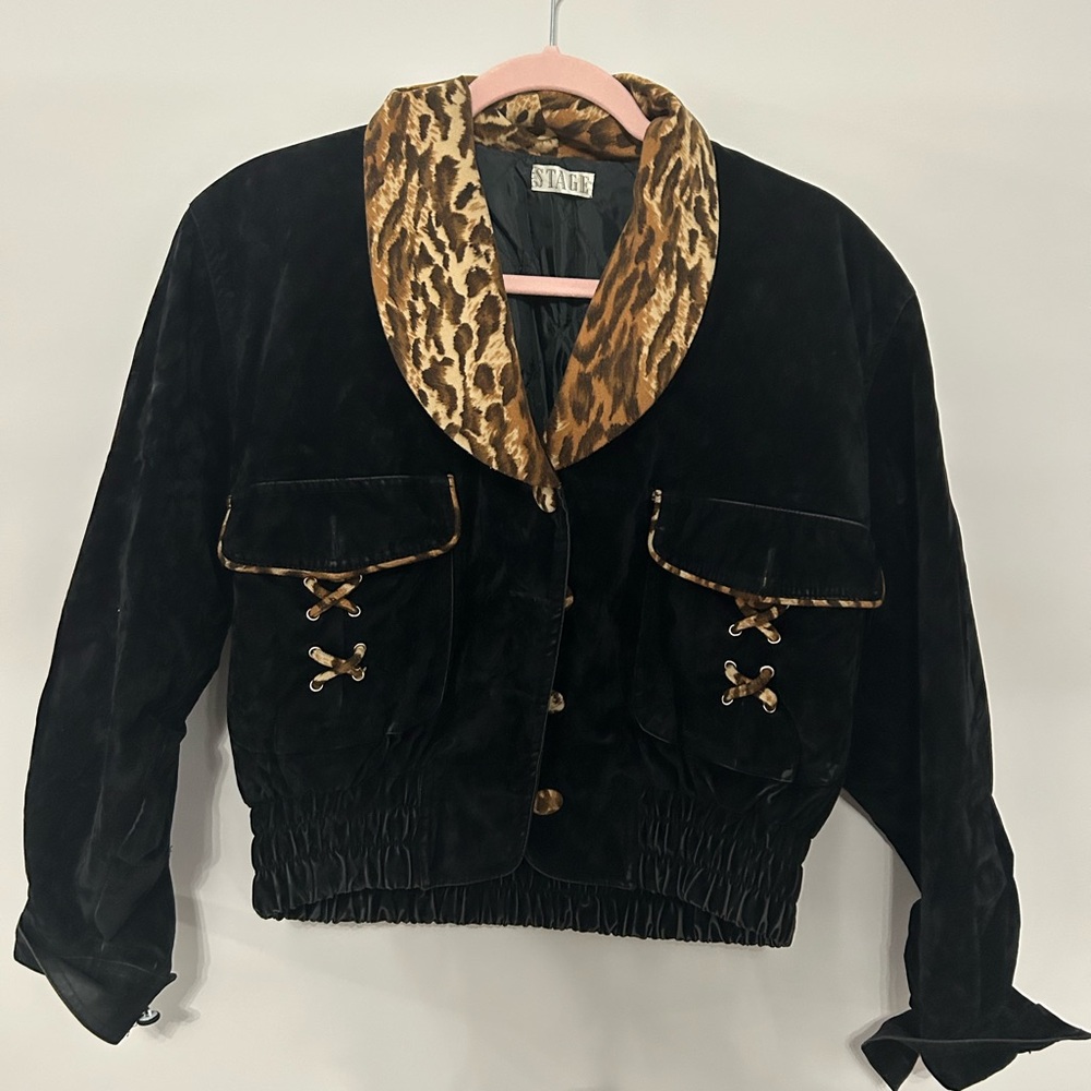 Black Suede Jacket with Leopard Print Collar
